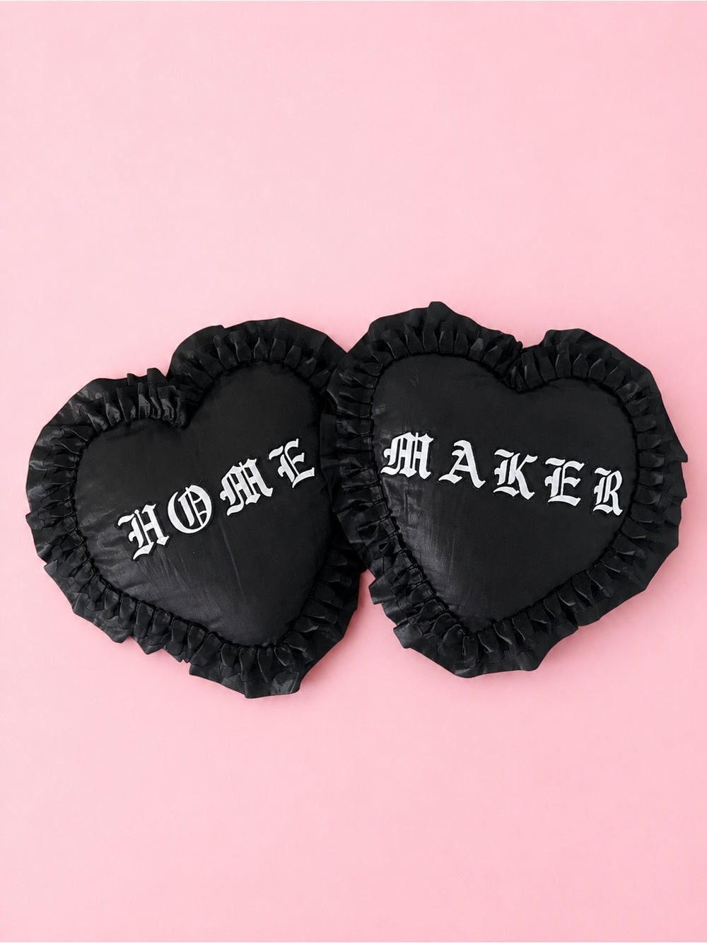 Black Heart Pillow Set with 'HOME' and 'MAKER' Gothic Text